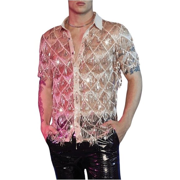 Men's Sequin Decor Fringe Button Front Shirts Short Sleeve Sheer Party T Shirt - Picture 1 of 6